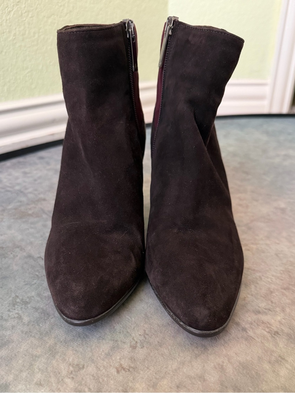 Aquatalia Brown and Burgundy Suede Ankle Booties with Side Zip